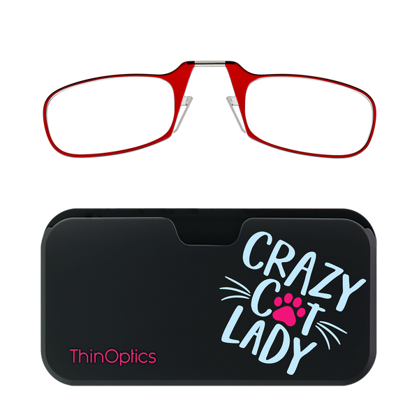 Red ThinOptics Readers + Crazy Cat Lady Universal Pod Case with Readers above case