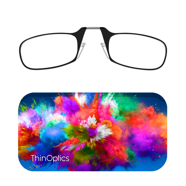 Black ThinOptics Readers + Pop of Color Universal Pod Case with Readers above case