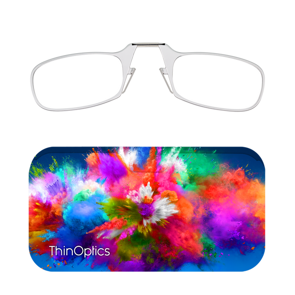 Clear ThinOptics Readers + Pop of Color Universal Pod Case with Readers above case
