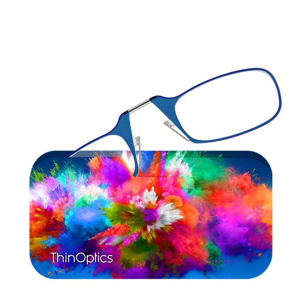 Blue ThinOptics Readers peeking out of a Pop of Color Universal Pod