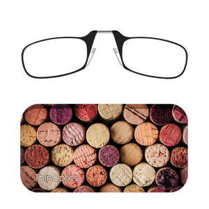 Black ThinOptics Readers + Pop the Cork Universal Pod Case with Readers above case