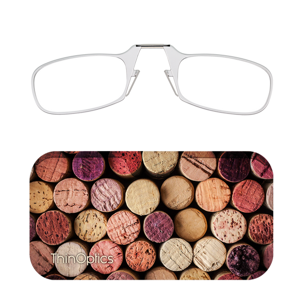 Clear ThinOptics Readers + Pop the Cork Universal Pod Case with Readers above case
