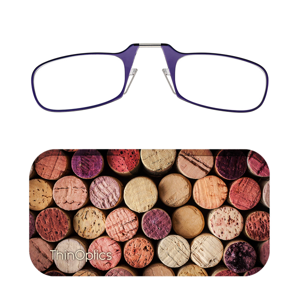 Purple ThinOptics Readers + Pop the Cork Universal Pod Case with Readers above case