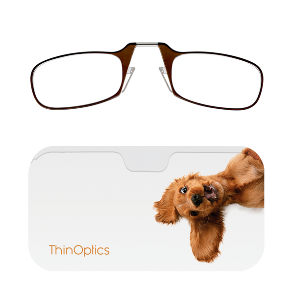 Brown ThinOptics Readers + Peekawoof! Universal Pod Case with Readers above case