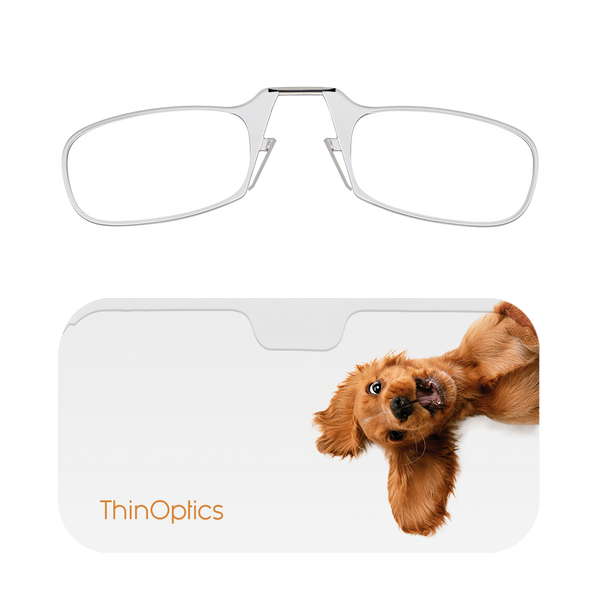 Clear ThinOptics Readers + Peekawoof! Universal Pod Case with Readers above case