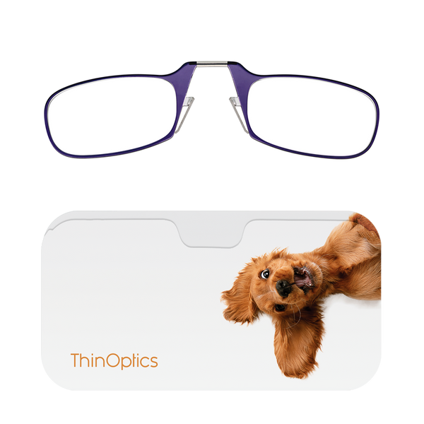 Purple ThinOptics Readers + Peekawoof! Universal Pod Case with Readers above case