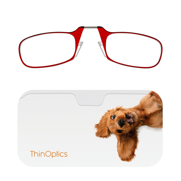 Red ThinOptics Readers + Peekawoof! Universal Pod Case with Readers above case