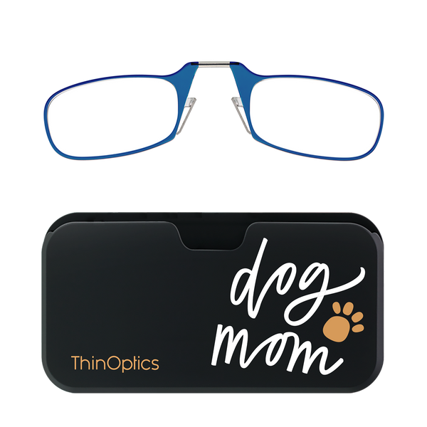 Blue ThinOptics Readers + Dog Mom Universal Pod Case with Readers above case