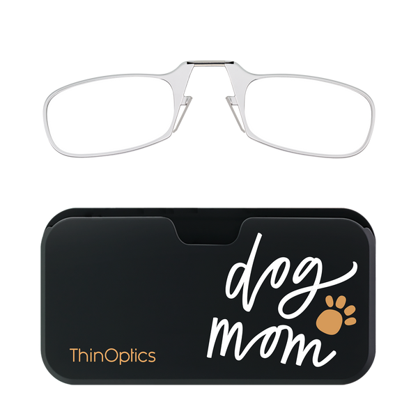 Clear ThinOptics Readers + Dog Mom Universal Pod Case with Readers above case