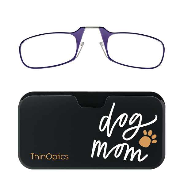 Purple ThinOptics Readers + Dog Mom Universal Pod Case with Readers above case