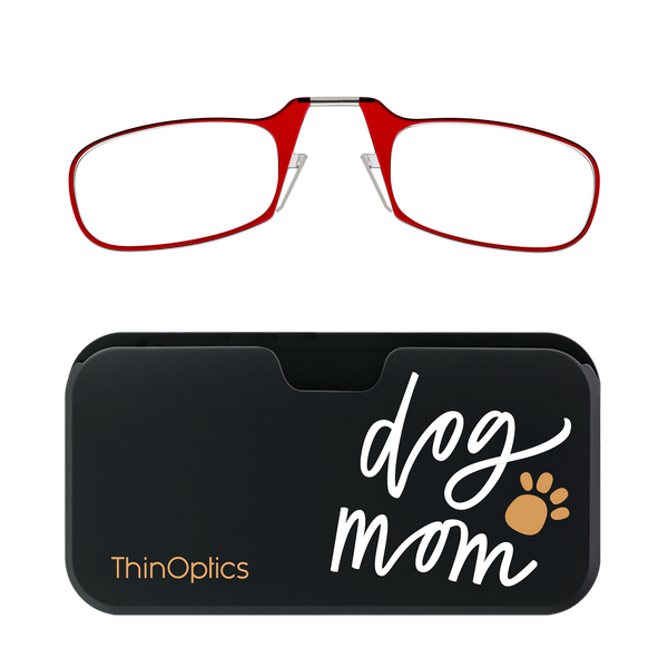 Red ThinOptics Readers + Dog Mom Universal Pod Case with Readers above case