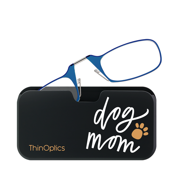 Blue ThinOptics Readers peeking out of a Dog Mom Universal Pod