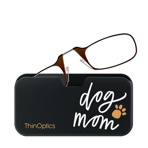 Brown ThinOptics Readers peeking out of a Dog Mom Universal Pod
