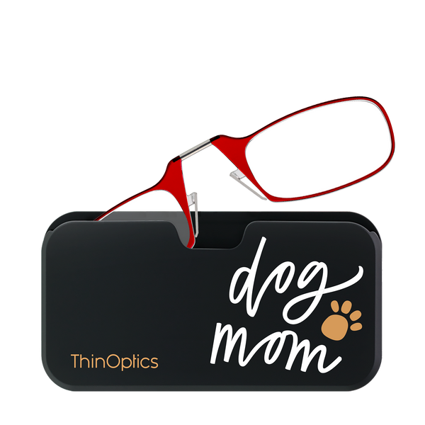 Red ThinOptics Readers peeking out of a Dog Mom Universal Pod