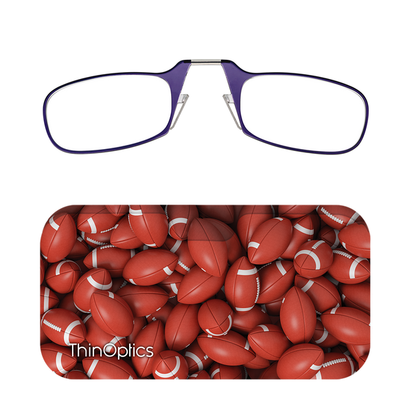 Purple ThinOptics Readers + Football Universal Pod Case with Readers above case