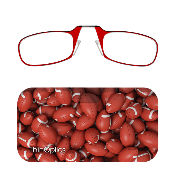 Red ThinOptics Readers + Football Universal Pod Case with Readers above case