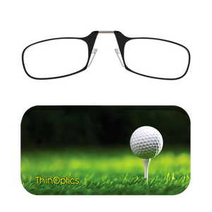 Black ThinOptics Readers + Tee Off Universal Pod Case with Readers above case