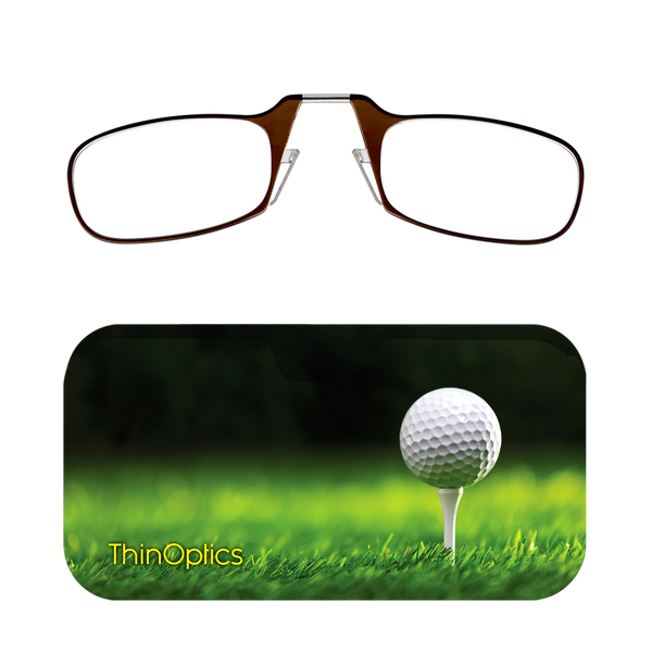 Brown ThinOptics Readers + Tee Off Universal Pod Case with Readers above case