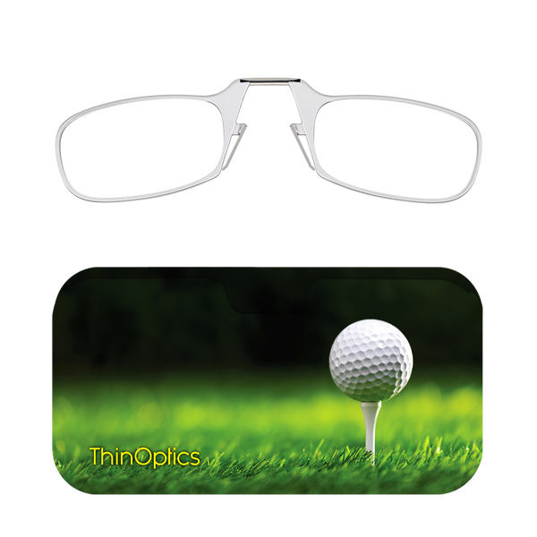 Clear ThinOptics Readers + Tee Off Universal Pod Case with Readers above case