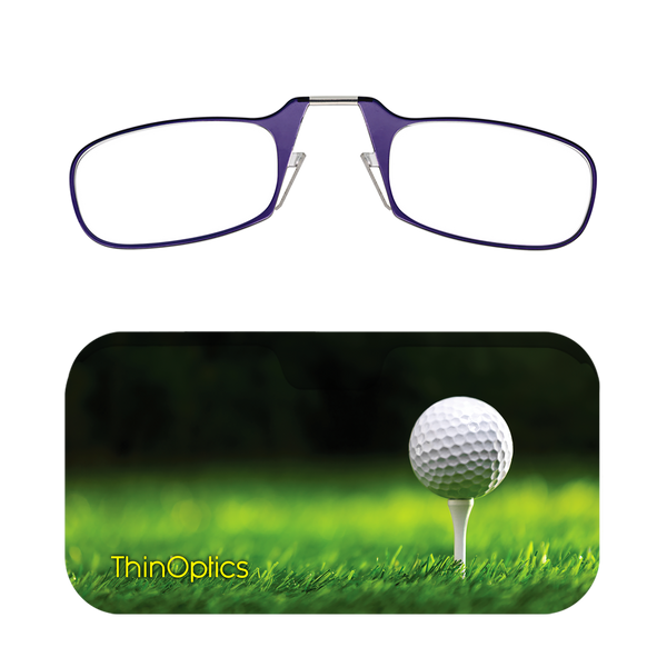 Purple ThinOptics Readers + Tee Off Universal Pod Case with Readers above case