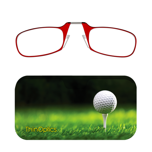 Red ThinOptics Readers + Tee Off Universal Pod Case with Readers above case