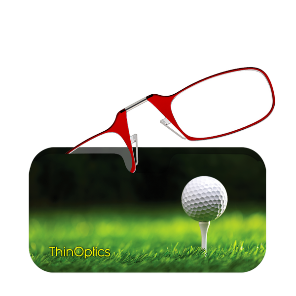 Red ThinOptics Readers peeking out of a Tee Off Universal Pod