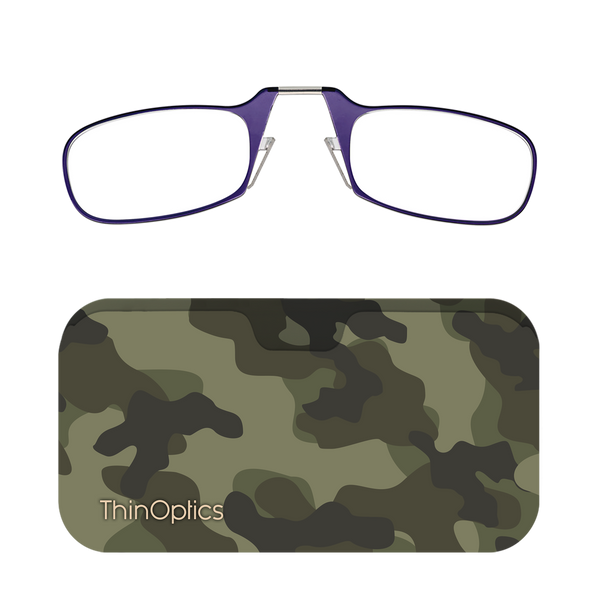 Purple ThinOptics Readers + Classic Camo Universal Pod Case with Readers above case