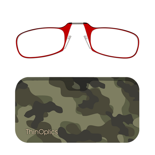 Red ThinOptics Readers + Classic Camo Universal Pod Case with Readers above case