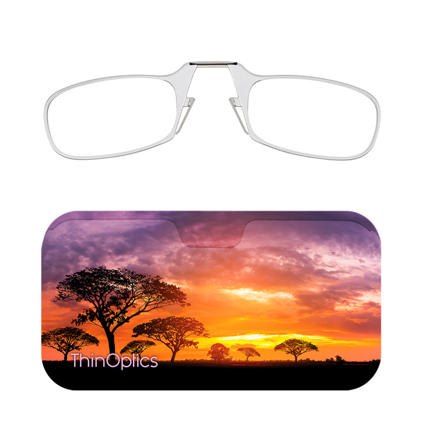Clear ThinOptics Readers + Safari Sunset Universal Pod Case with Readers above case