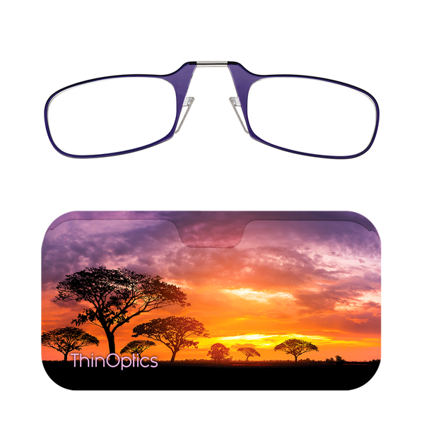Purple ThinOptics Readers + Safari Sunset Universal Pod Case with Readers above case