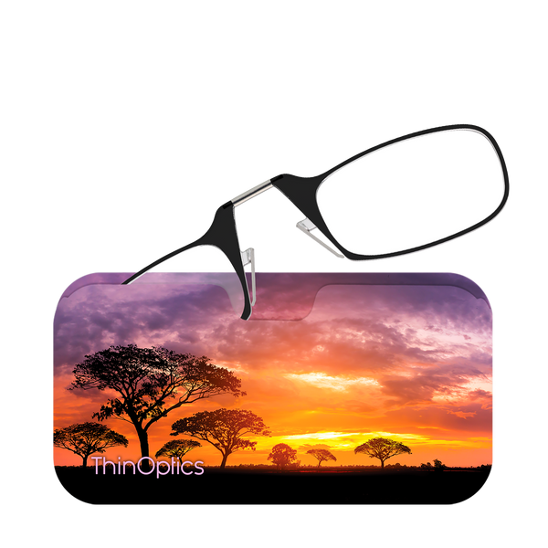 Black ThinOptics Readers peeking out of a Safari Sunset Universal Pod