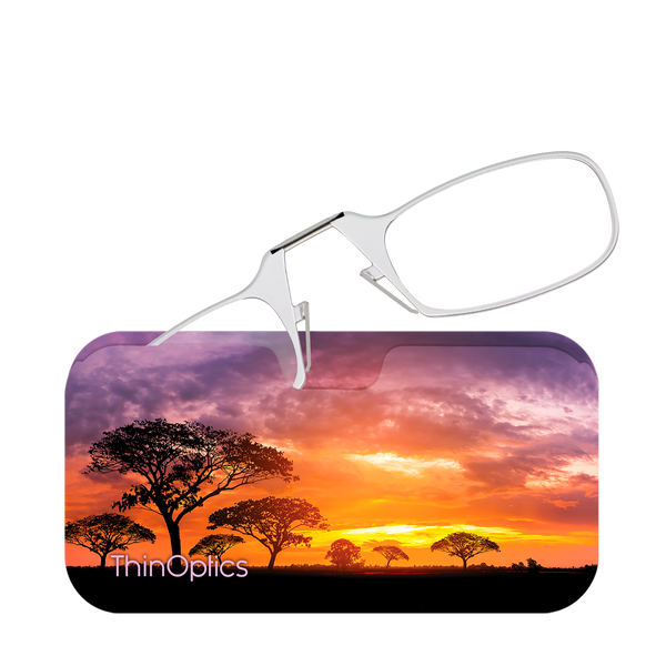 Clear ThinOptics Readers peeking out of a Safari Sunset Universal Pod