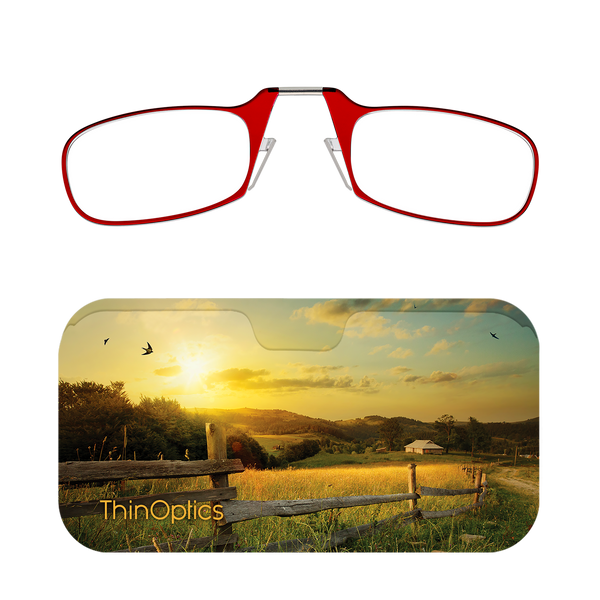 Red ThinOptics Readers + Sunrise Farm Universal Pod Case with Readers above case