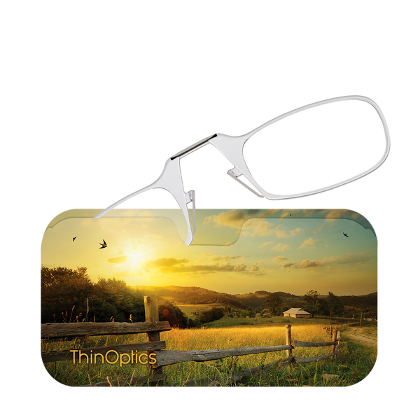 Clear ThinOptics Readers peeking out of a Sunrise Farm Universal Pod