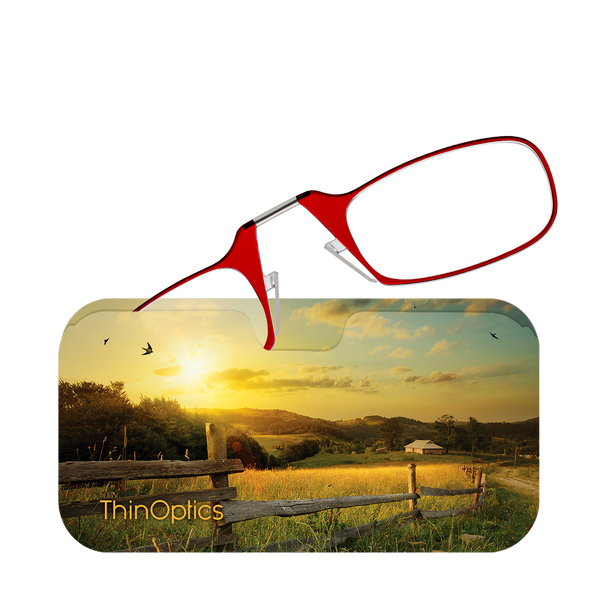 Red ThinOptics Readers peeking out of a Sunrise Farm Universal Pod