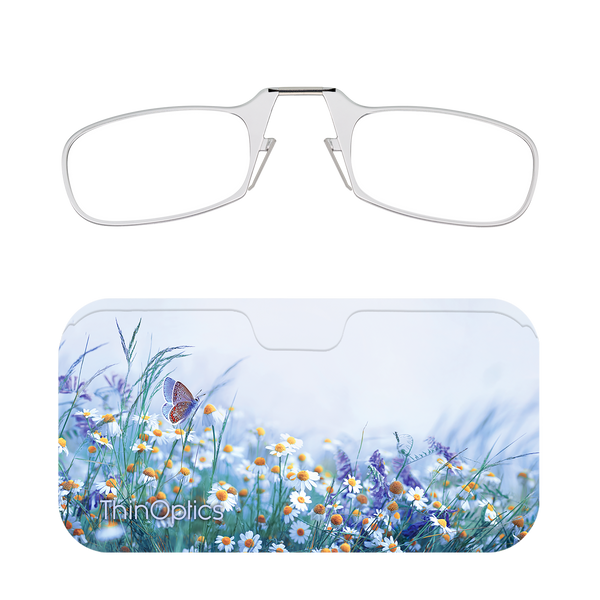 Clear ThinOptics Readers + Wildflower Haze Universal Pod Case with Readers above case