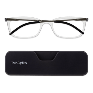 ThinOptics Clear Frame Connect Reading Glasses and a sleek black Connect case: minimalist design with thin lenses. The compact, polycarbonate case offers a modern, portable solution for individuals needing reading glasses.