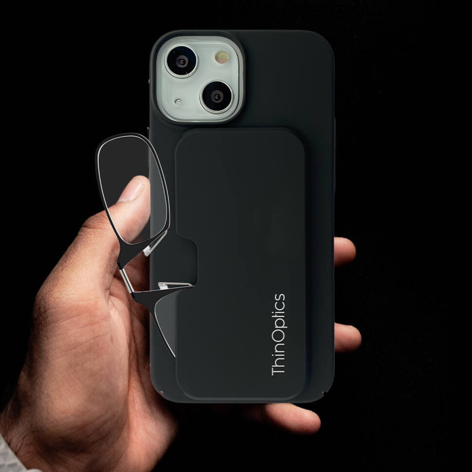 Armless Readers + iPhone 14 Plus Slimline Case | Clear | +1.50 | World's Thinnest Readers | Matte-Black Case | Always With You | ThinOptics Armless Readers + iPhone 14 Plus Slimline Case | Clear | +1.50 | World's Thinnest Readers | Matte-Black Case | Always With You | ThinOptics