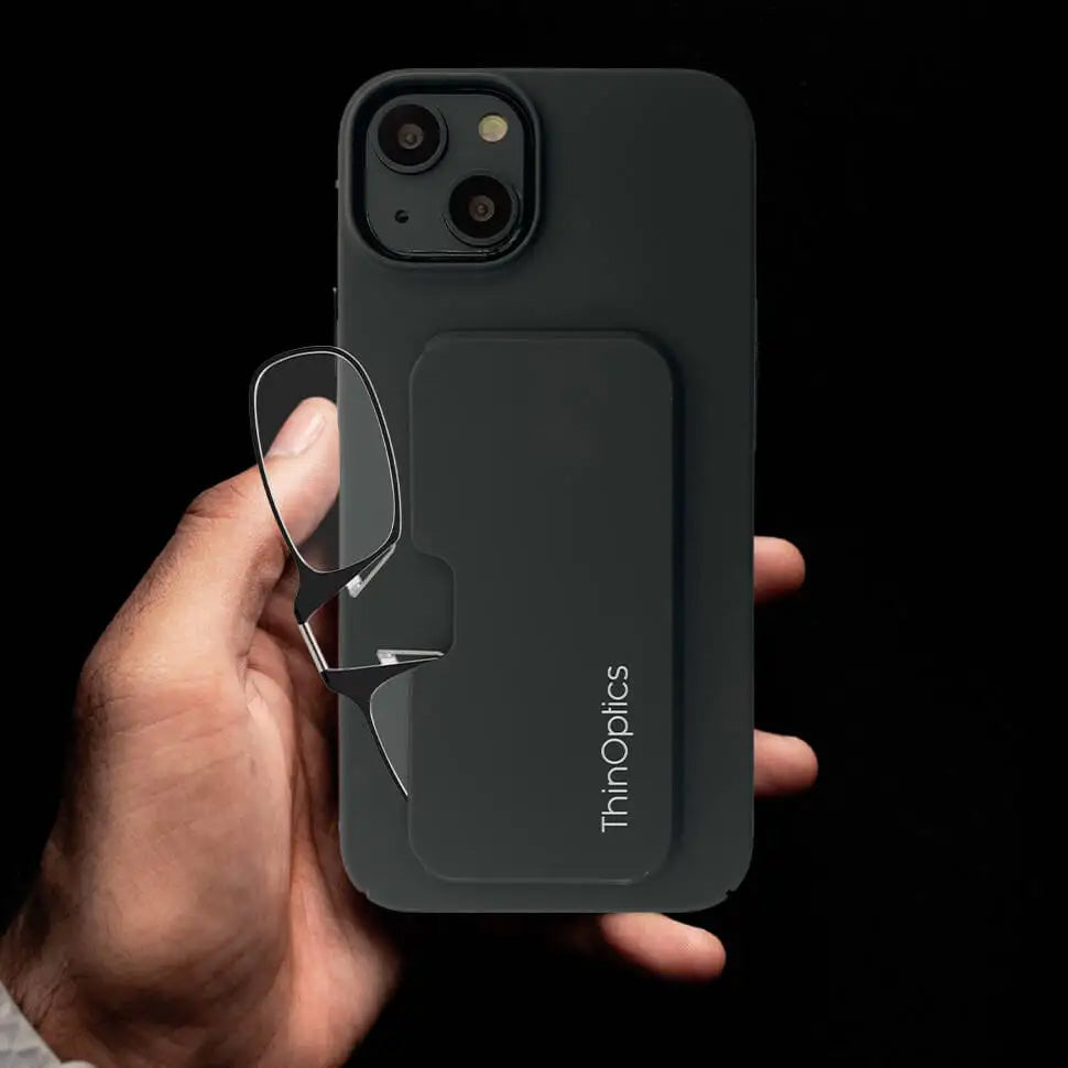 Armless Readers + iPhone 14 Slimline Case | Blue | +1.00 | World's Thinnest Readers | Matte-Black Case | Always With You | Unisex Adult | ThinOptics Armless Readers + iPhone 14 Slimline Case | Blue | +1.00 | World's Thinnest Readers | Matte-Black Case | Always With You | Unisex Adult | ThinOptics