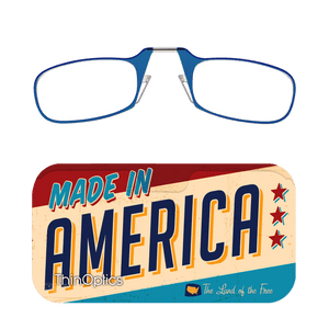 ThinOptics blue reading glasses rest on a matching "Made in America" carrying case. 
