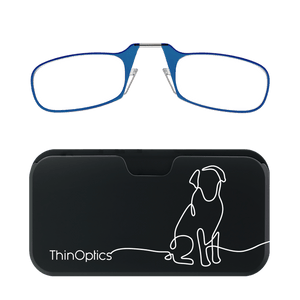Blue ThinOptics reading glasses folded atop a black carrying case featuring a minimalist white line drawing of a dog. 
