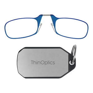 Blue armless ThinOptics reading glasses are displayed above a silver keychain case featuring "ThinOptics" text and a metal keyring.