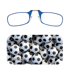 Blue ThinOptics reading glasses rest on a soccer ball-themed carrying case. 
